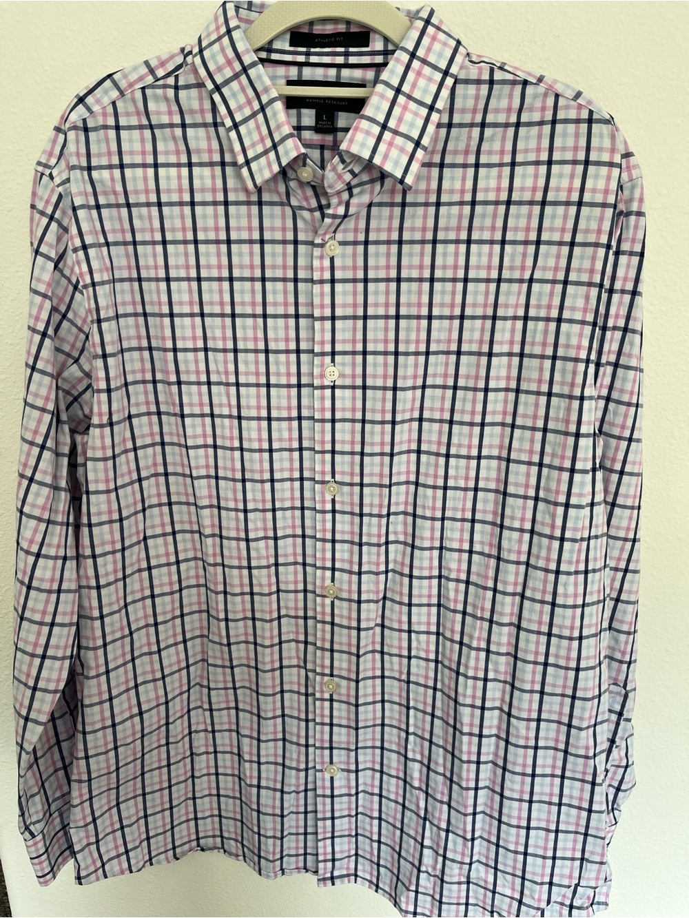 Banana Republic White Dress Shirt with Pink & Navy Windowpane